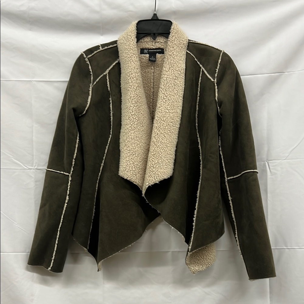 INC - Olive Green Faux Suede Jacket with Cream Trim